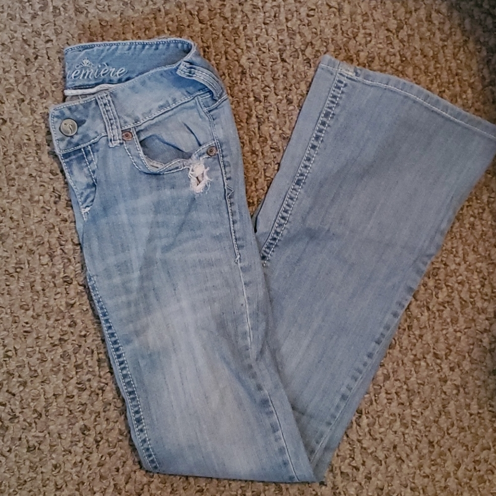 Low rise distressed bell bottom jeans